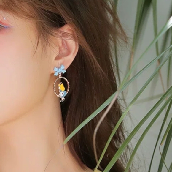 Alice in Wonderland Drop Earrings Whimsical Blue Bow Dangles - Picture 8 of 8